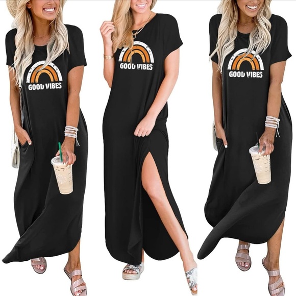 Casual Loose Short Sleeve Long Dress Split Maxi Summer Beach Dress with Pockets - Picture 3 of 17